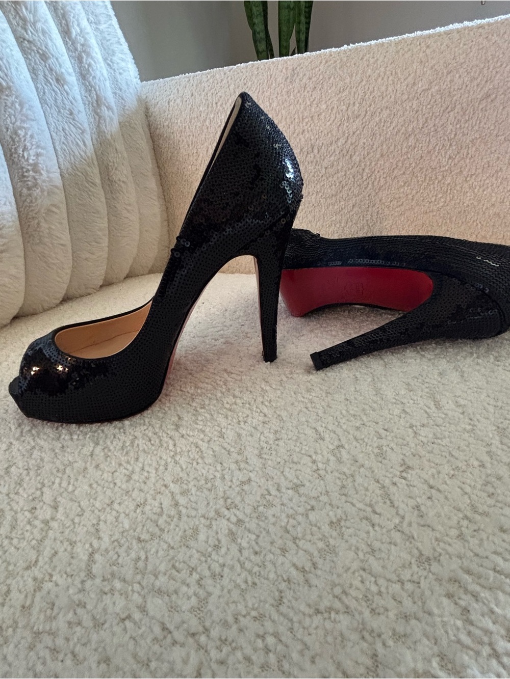 Vintage Christian Louboutin Black Sequin Peep-Toe Stiletto Pumps